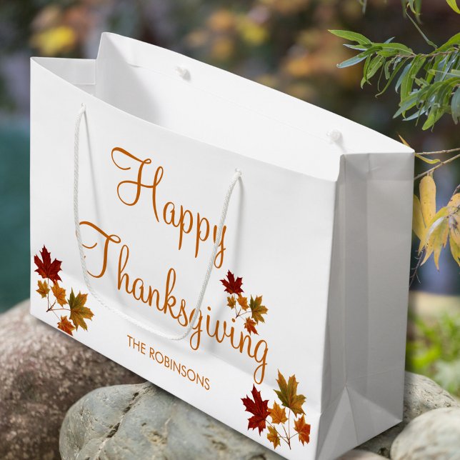 Happy Thanksgiving Custom Name Fall Leaves Large Gift Bag (Creator Uploaded)