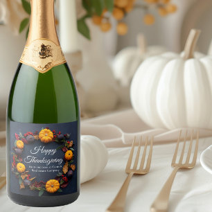 Happy Thanksgiving Custom Pumpkin Wreath Modern Sparkling Wine Label