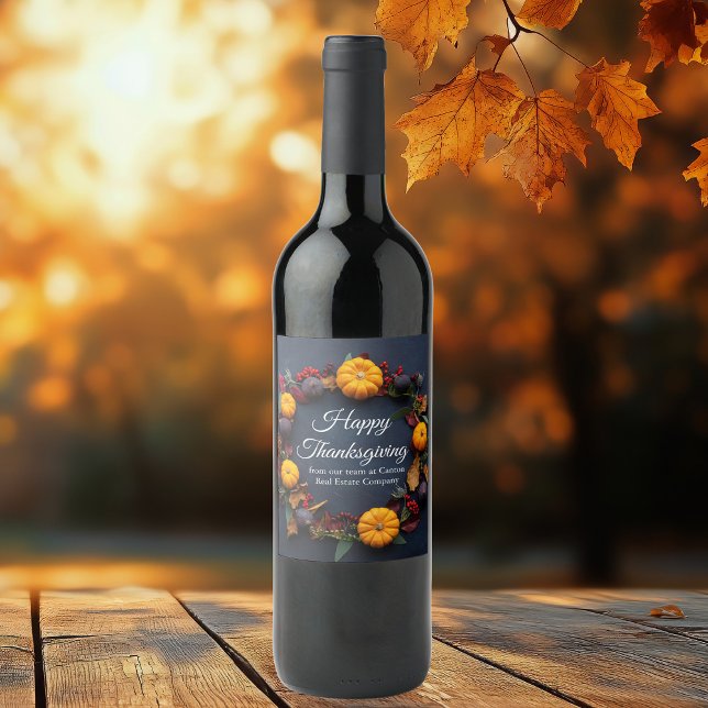 Happy Thanksgiving Custom Pumpkin Wreath Modern Wine Label (Creator Uploaded)