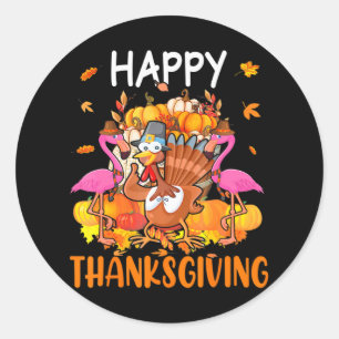 Happy Thanksgiving Cute Adorable Flamingos Turkey Classic Round Sticker