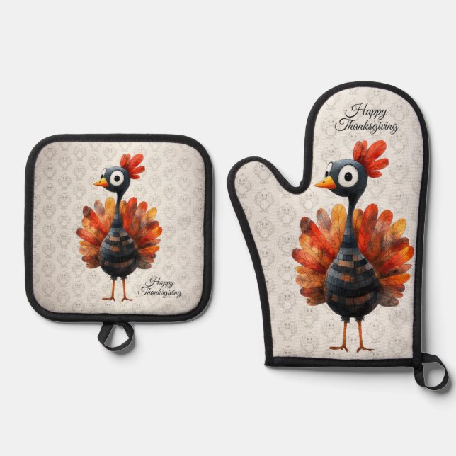 Happy Thanksgiving Cute Colourful Baby Turkey Oven Mitt & Pot Holder Set (Front)