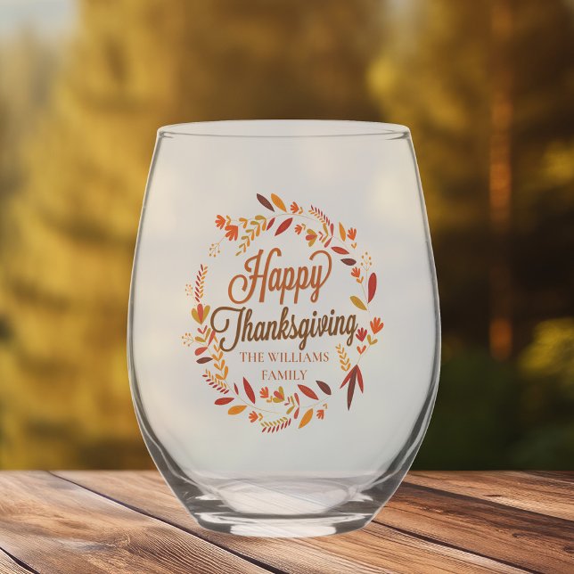 Happy Thanksgiving Cute Custom Autumn Leaf Wreath Stemless Wine Glass (Creator Uploaded)