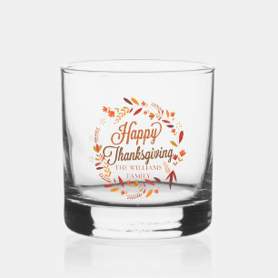 Happy Thanksgiving Cute Custom Autumn Leaf Wreath Whiskey Glass