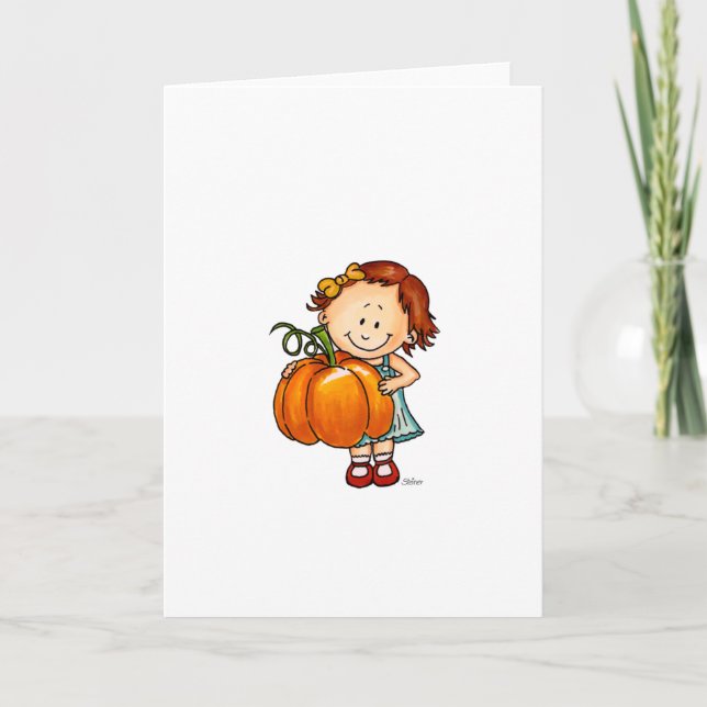 Happy Thanksgiving - Cute Girl with a Huge Pumpkin Holiday Card (Front)