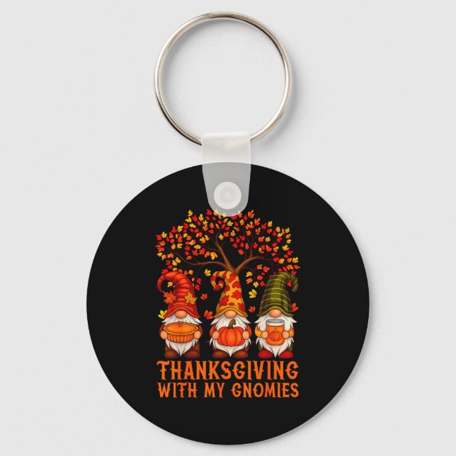 Happy Thanksgiving Cute Gnomes Pumpkin Autumn Leav Key Ring (Front)