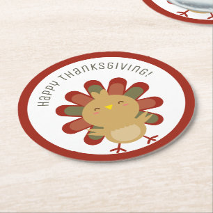 Happy Thanksgiving Cute Kawaii Turkey Dinner Party Round Paper Coaster