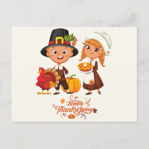 Happy Thanksgiving Cute Pilgrim Couple Holiday Postcard