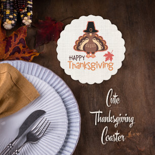 Happy Thanksgiving Cute Pilgrim Turkey Paper Coaster