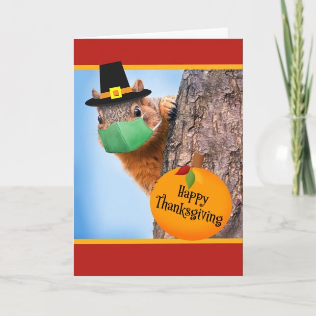 Happy Thanksgiving Cute Squirrel in Face Mask Holiday Card (Front)