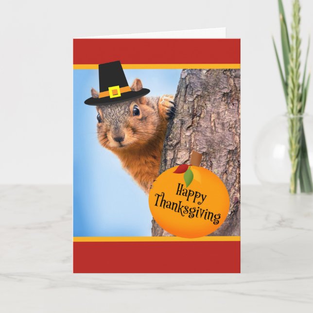 Happy Thanksgiving Cute Squirrel in Hat Holiday Card (Front)