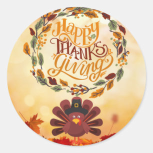 Happy Thanksgiving Cute Turkey and Autumn Leaves   Classic Round Sticker