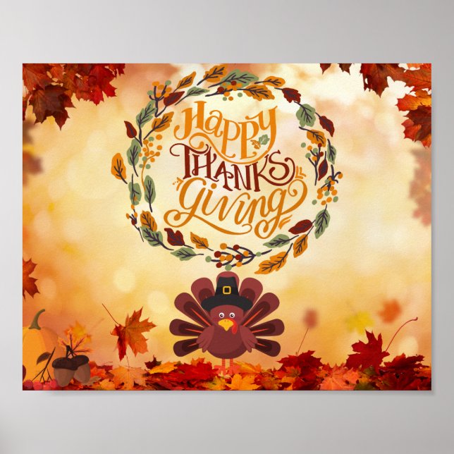 Happy Thanksgiving Cute Turkey and Autumn Leaves   Poster (Front)