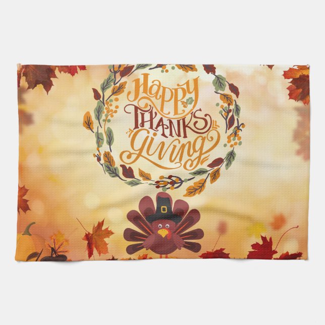 Happy Thanksgiving Cute Turkey and Autumn Leaves   Tea Towel (Horizontal)