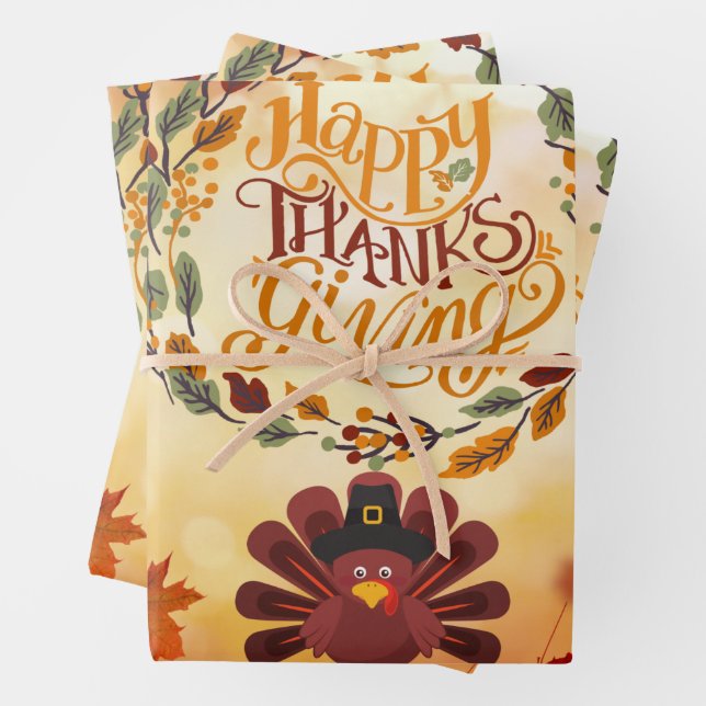 Happy Thanksgiving Cute Turkey and Autumn Leaves  Wrapping Paper Sheet (In situ)