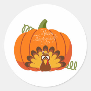 Happy Thanksgiving Cute Turkey and Pumpkin Classic Round Sticker
