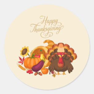 Happy Thanksgiving Cute Turkey, Horn of Plenty  Classic Round Sticker