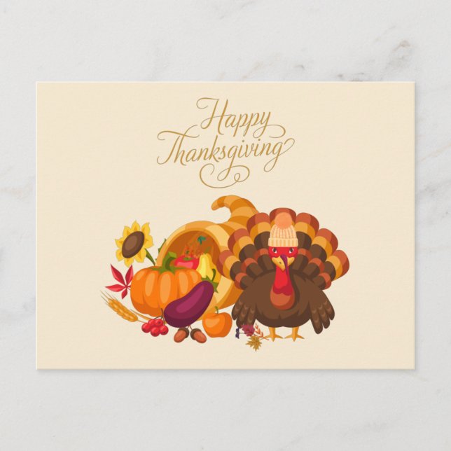 Happy Thanksgiving Cute Turkey, Horn of Plenty Holiday Postcard (Front)