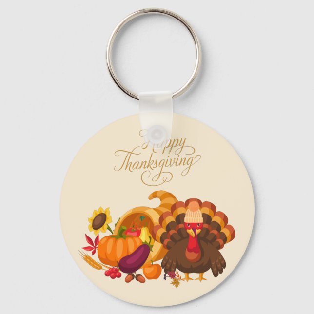 Happy Thanksgiving Cute Turkey, Horn of Plenty   Key Ring (Front)