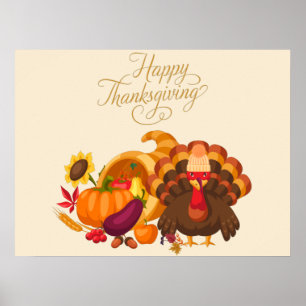 Happy Thanksgiving Cute Turkey, Horn of Plenty  Poster