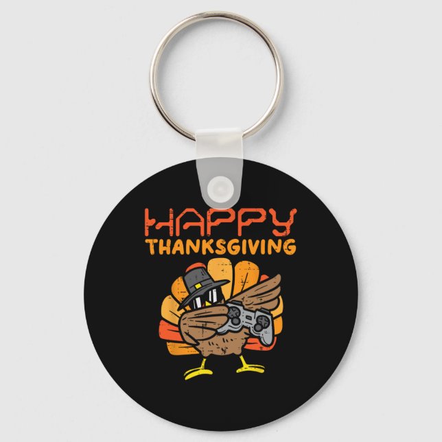 Happy Thanksgiving Dabbing Gamer Turkey Kids Boys  Key Ring (Front)