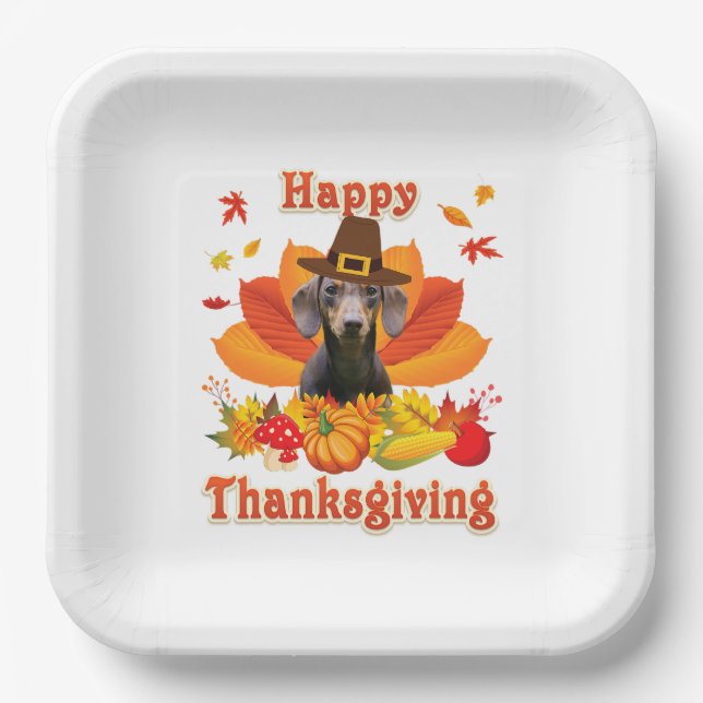 Happy Thanksgiving Dachshund Dog Owner Pet Lover Paper Plate (Front)