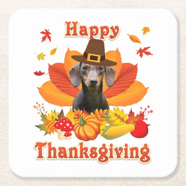 Happy Thanksgiving Dachshund Dog Owner Pet Lover Square Paper Coaster (Front)