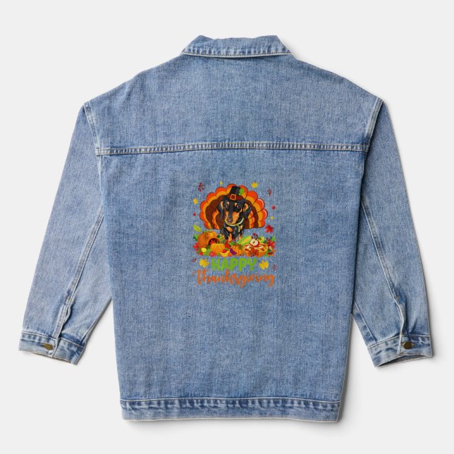 Happy Thanksgiving Dachshund Dog Turkey Dog Lover  Denim Jacket (Back)