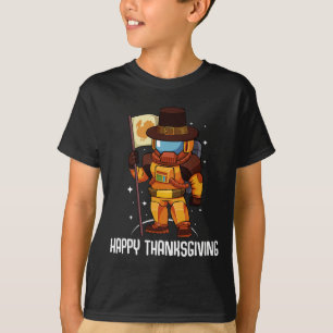 Happy Thanksgiving Day Astronaut Turkey Flag Fall  T-Shirt