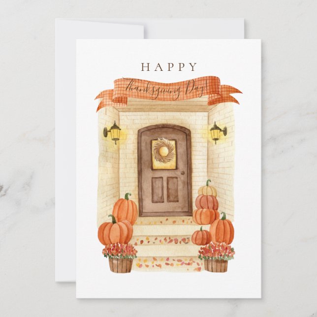 Happy Thanksgiving Day Autumn House Door Pumpkin Holiday Card (Front)