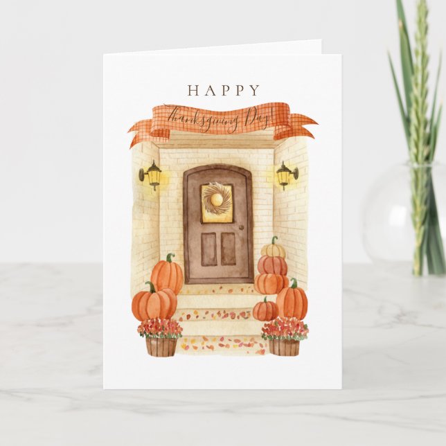 Happy Thanksgiving Day Autumn House Door Pumpkin Holiday Card (Front)