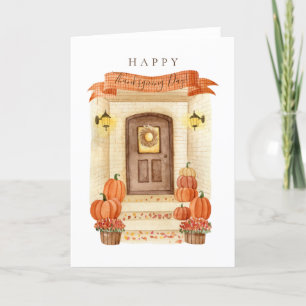 Happy Thanksgiving Day Autumn House Door Pumpkin Holiday Card