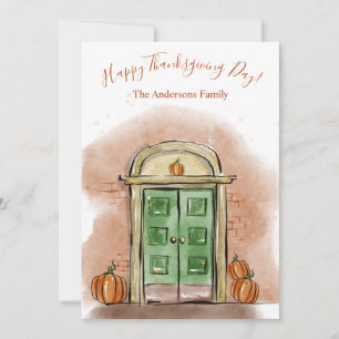 Happy Thanksgiving Day Autumn House Door Pumpkin Holiday Card