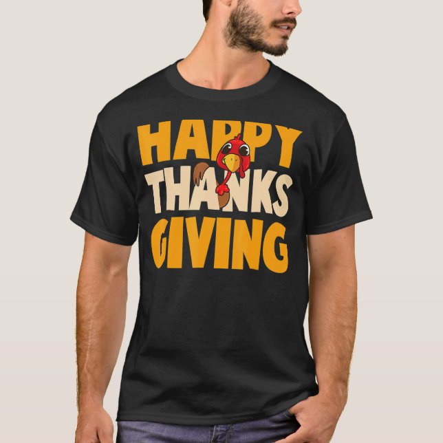 Happy Thanksgiving Day Funny Cute Pilgrim Turkey M T-Shirt (Front)