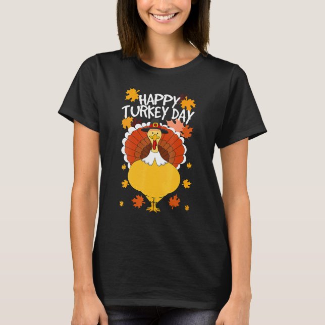 Happy Thanksgiving Day Funny Cute Pilgrim Turkey M T-Shirt (Front)