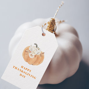 Happy Thanksgiving Day   Pumpkin And Flowers Gift Tags