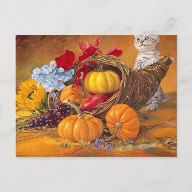 Happy Thanksgiving Day pumpkins with cat Postcard (Front)