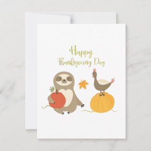 Happy Thanksgiving Day Sloth with turkey flat card