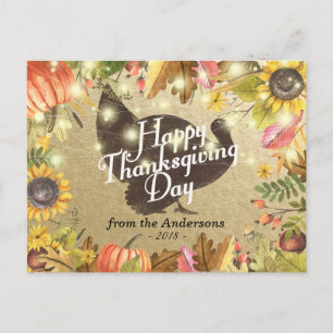 Happy Thanksgiving Day Turkey Pumpkins Fall Leaves Holiday Postcard