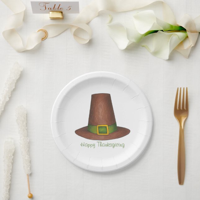 Happy Thanksgiving Dinner Pilgrim Puritan Hat Paper Plate (Wedding)