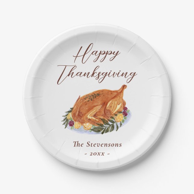 Happy Thanksgiving Dinner Turkey Watercolor Rustic Paper Plate (Front)