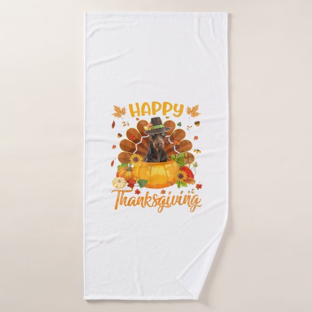 Happy Thanksgiving Doberman Dog Turkey Pumpkin  Bath Towel (Bath Towel)