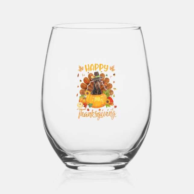 Happy Thanksgiving Doberman Dog Turkey Pumpkin  Stemless Wine Glass (Front)