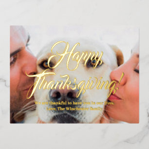 Happy Thanksgiving elegant custom script and photo Foil Holiday Postcard