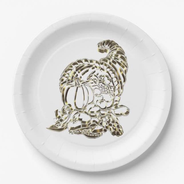 Happy Thanksgiving Elegant Golden Cornucopia Paper Plate (Front)