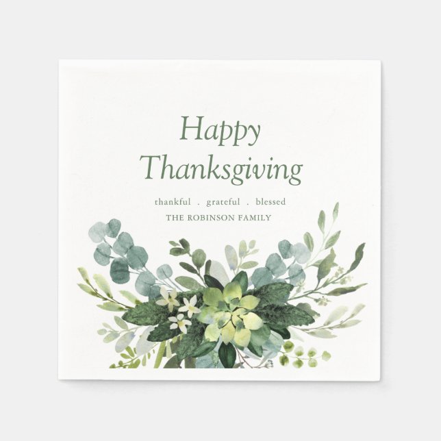 Happy Thanksgiving Eucalyptus Greenery Foliage  Napkin (Front)