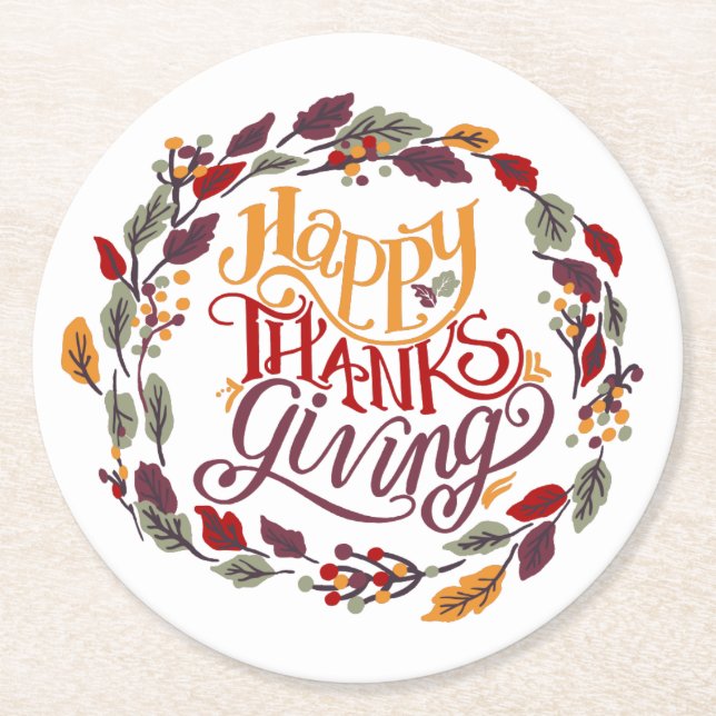 Happy Thanksgiving Fall Autumn Leaves Round Paper Coaster (Front)