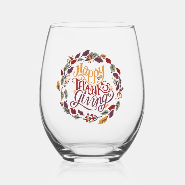 Happy Thanksgiving Fall Autumn Leaves Wreath Stemless Wine Glass (Front)