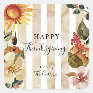 Happy Thanksgiving Fall Autumn Watercolor Flowers Square Sticker