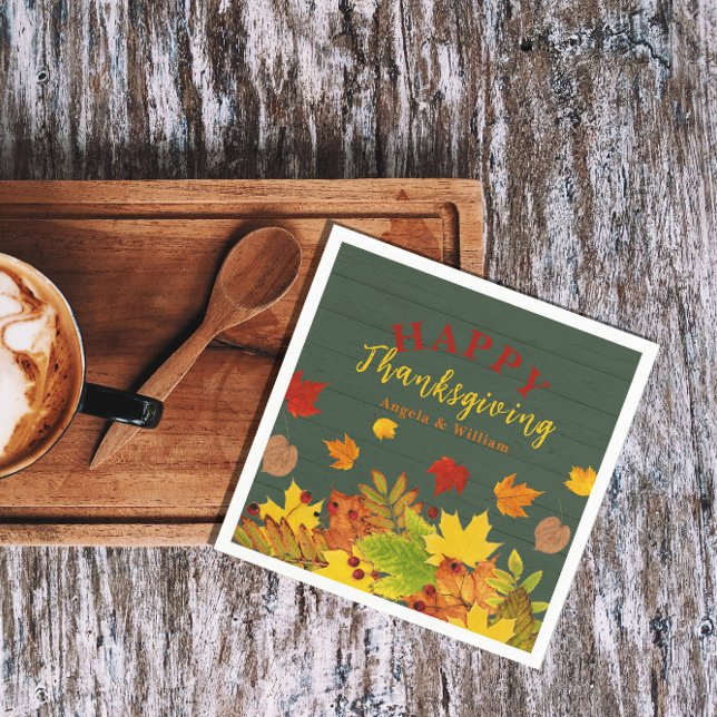 Happy Thanksgiving Fall Colorful Foliage On Wood Napkin (Creator Uploaded)