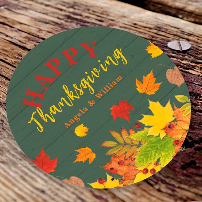 Happy Thanksgiving Fall Colourful Foliage On Wood Classic Round Sticker (Creator Uploaded)